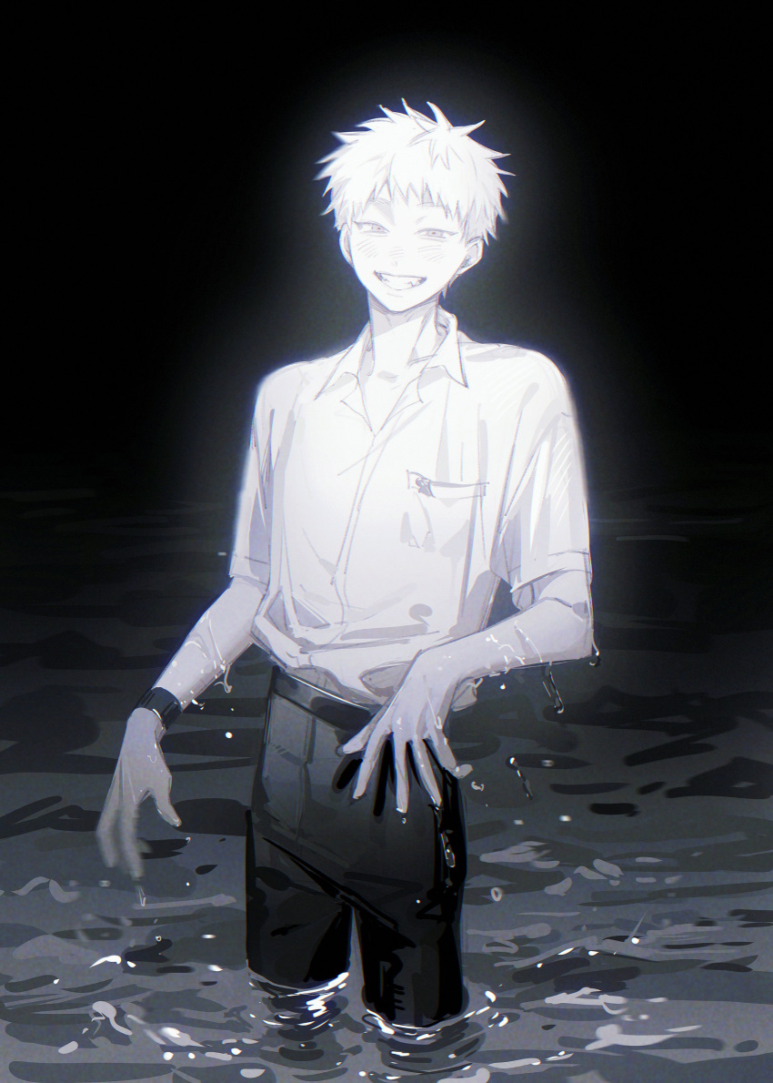 1boy, absurdres, black_pants, collared_shirt, dark_background, facing_viewer, glowing, greyscale