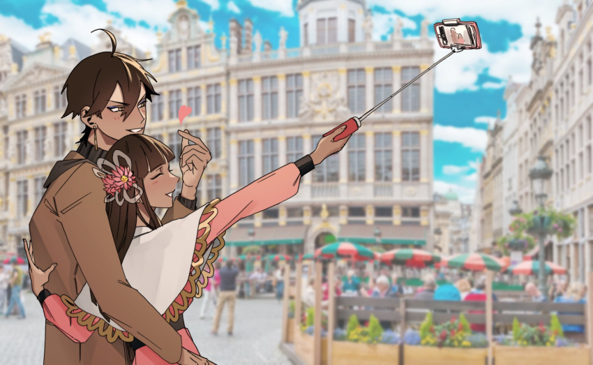 1boy, 1girl, blurry, blurry_background, brown_hair, brown_jacket, dabin, earrings
