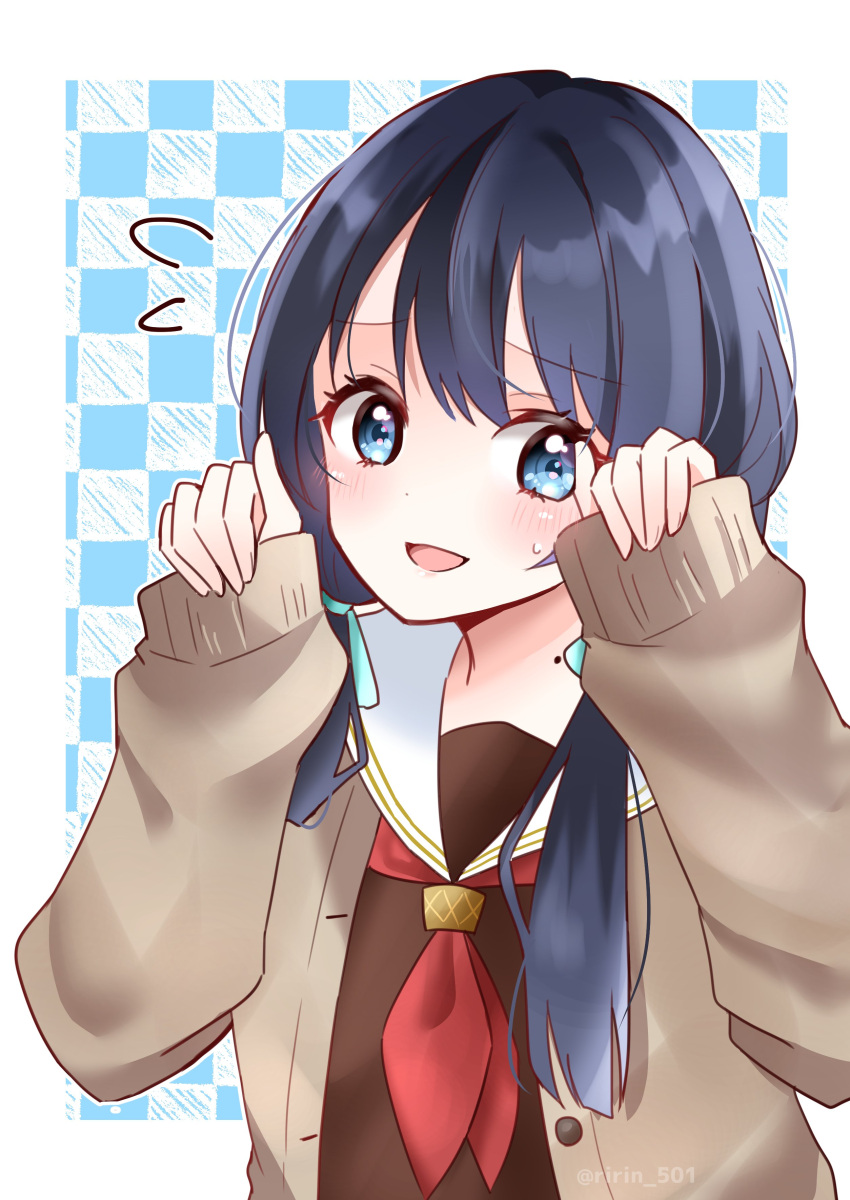 1girl, absurdres, blue_eyes, blue_hair, blush, brown_cardigan, brown_dress, cardigan
