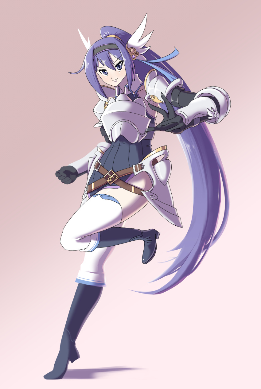 1girl, absurdres, armor, black_footwear, blue_eyes, boots, breastplate, hairband