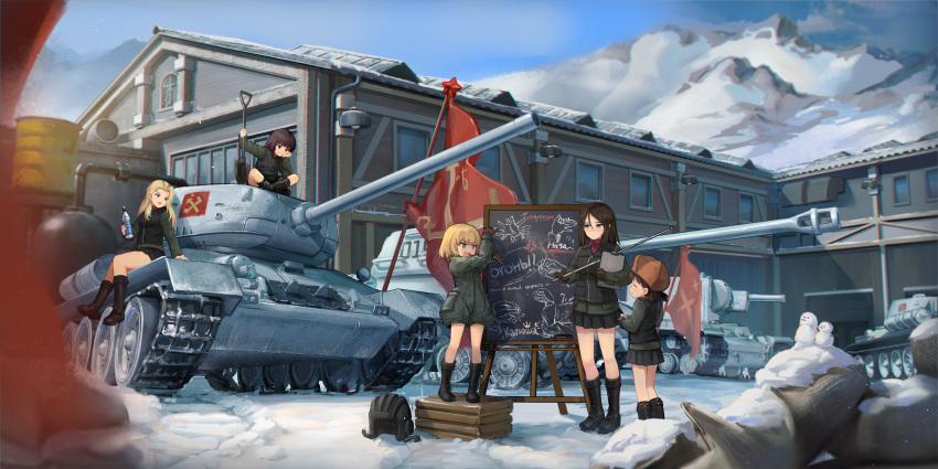 5girls, absurdres, alina_(girls_und_panzer), barrier_mao, black_footwear, black_gloves, black_hair, black_headwear