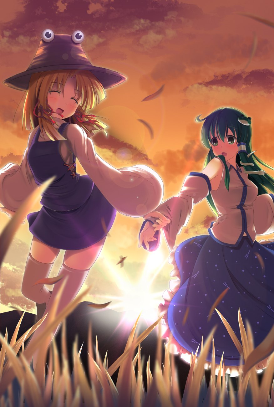 2girls, blonde_hair, blurry, closed_eyes, depth_of_field, detached_sleeves, green_eyes, green_hair