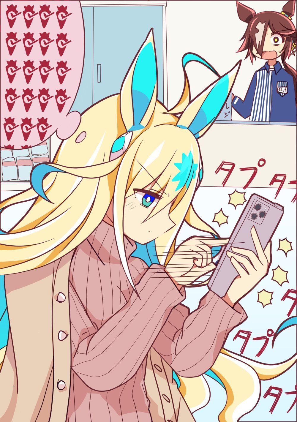 2girls, ahoge, alternate_costume, animal_ears, blonde_hair, blue_eyes, blue_hair, brown_hair