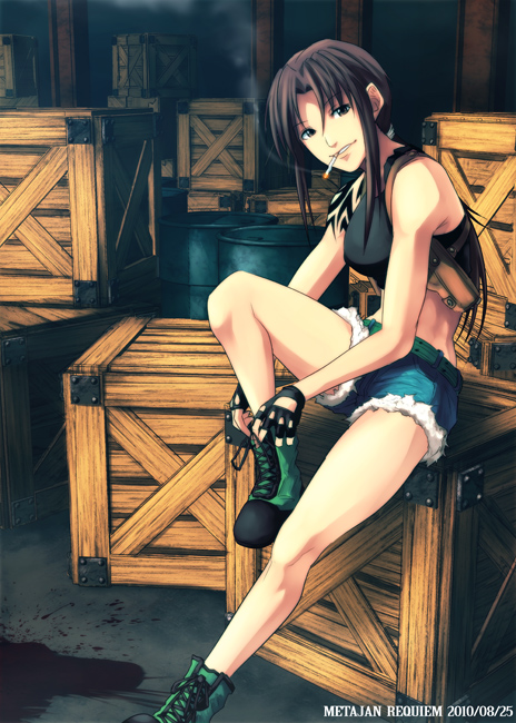 black_lagoon, boots, brown_hair, cigarette, crate, denim, denim_shorts, fingerless_gloves