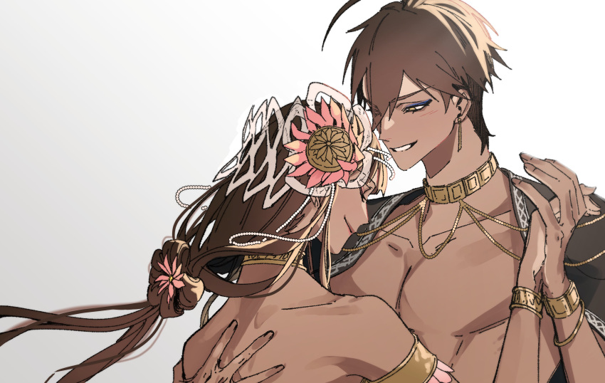 1boy, 1girl, absurdres, armlet, bare_back, bracelet, dabin, dark-skinned_female, dark-skinned_male, dark_skin, fate/grand_order, fate_(series), flower, gold_choker, grin, hair_between_eyes, hair_flower, hair_ornament, hand_on_another's_back, hetero, highres, holding_hands, jewelry, long_hair, nefertari_(fate), ozymandias_(fate), pink_flower, short_hair, smile