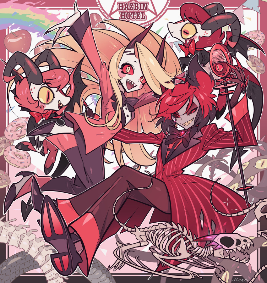 1girl, 3boys, :d, absurdres, alastor_(hazbin_hotel), animal_ears, animal_skeleton, antlers