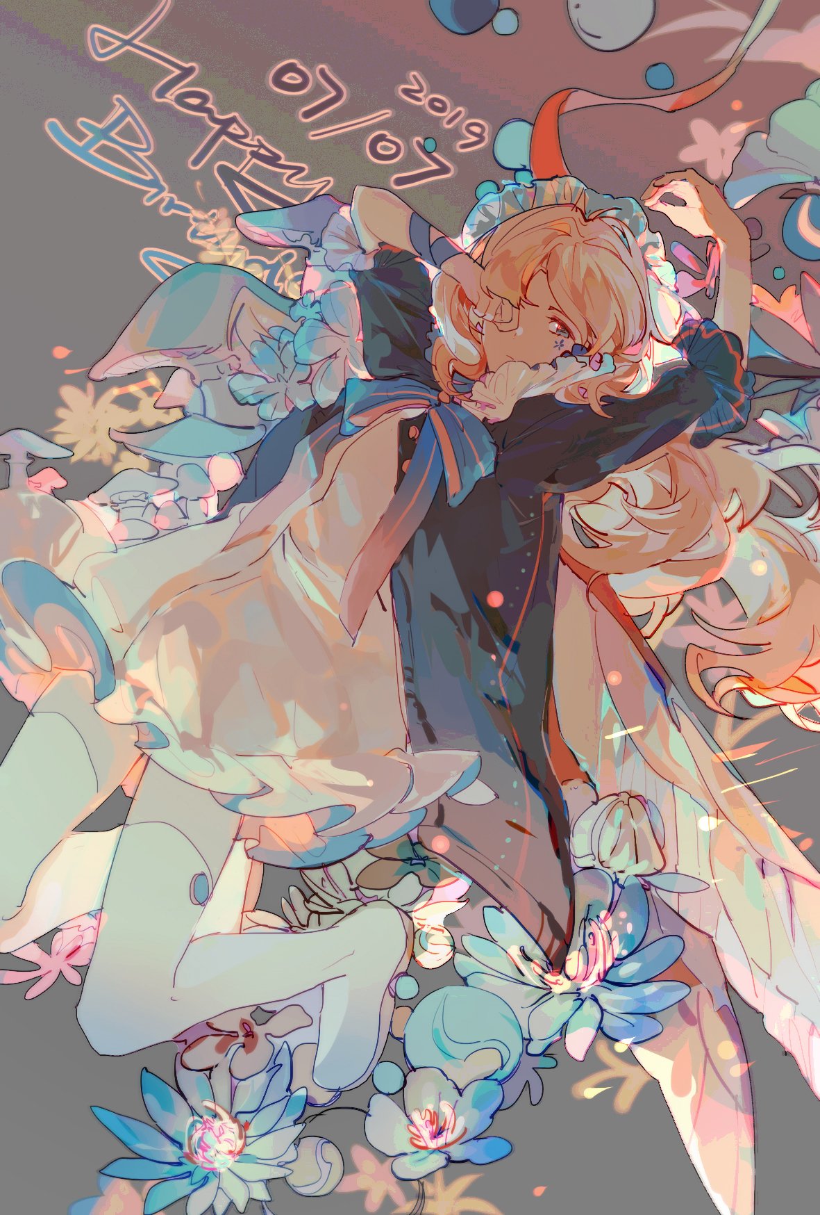 1girl, arm_ribbon, arm_up, birthday, black_jacket, black_sleeves, blonde_hair, blue_bow
