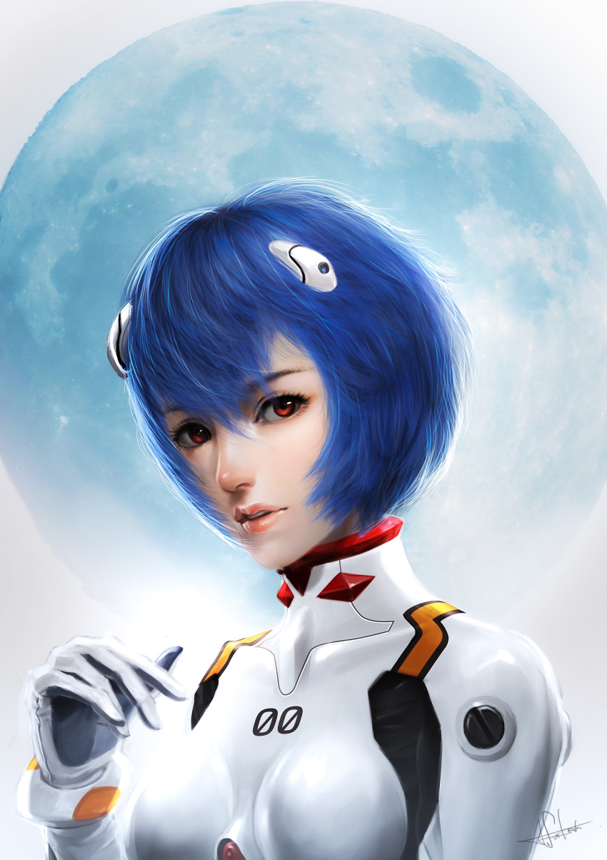1girl, absurdres, ayanami_rei, blue_hair, bodysuit, gloves, highres, interface_headset