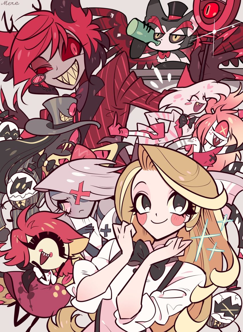 >_<, ^_^, alastor_(hazbin_hotel), angel_dust, animal_ears, antlers, artist_name, black_bow