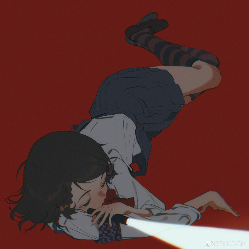 1girl, absurdres, baseball_bat, black_footwear, black_hair, black_socks, blue_skirt, brown_eyes