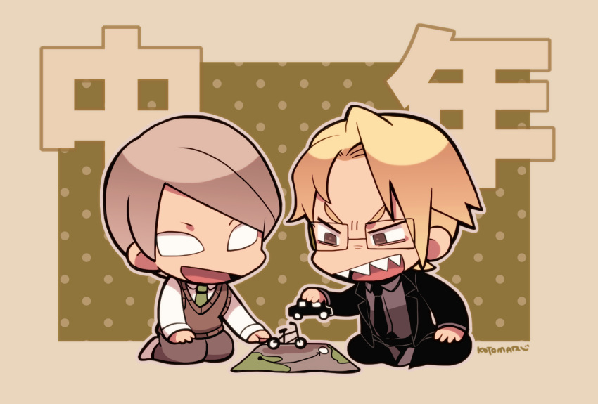 bags_under_eyes, black_footwear, black_jacket, black_necktie, black_pants, blonde_hair, brown_eyes, brown_hair