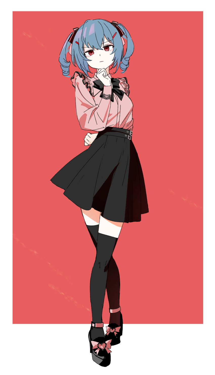 1girl, absurdres, alternate_costume, arm_behind_back, belt, black_bow, black_footwear, black_skirt, black_thighhighs, blue_hair, bow, colphne_(girls'_frontline_2), frilled_shirt, frills, full_body, girls'_frontline_2:_exilium, girls_frontline, gwendolynstore, hand_on_own_chin, high_heels, highres, looking_at_viewer, pink_shirt, red_background, red_eyes, shirt, skirt, solo, thigh-highs, two-tone_background, white_background