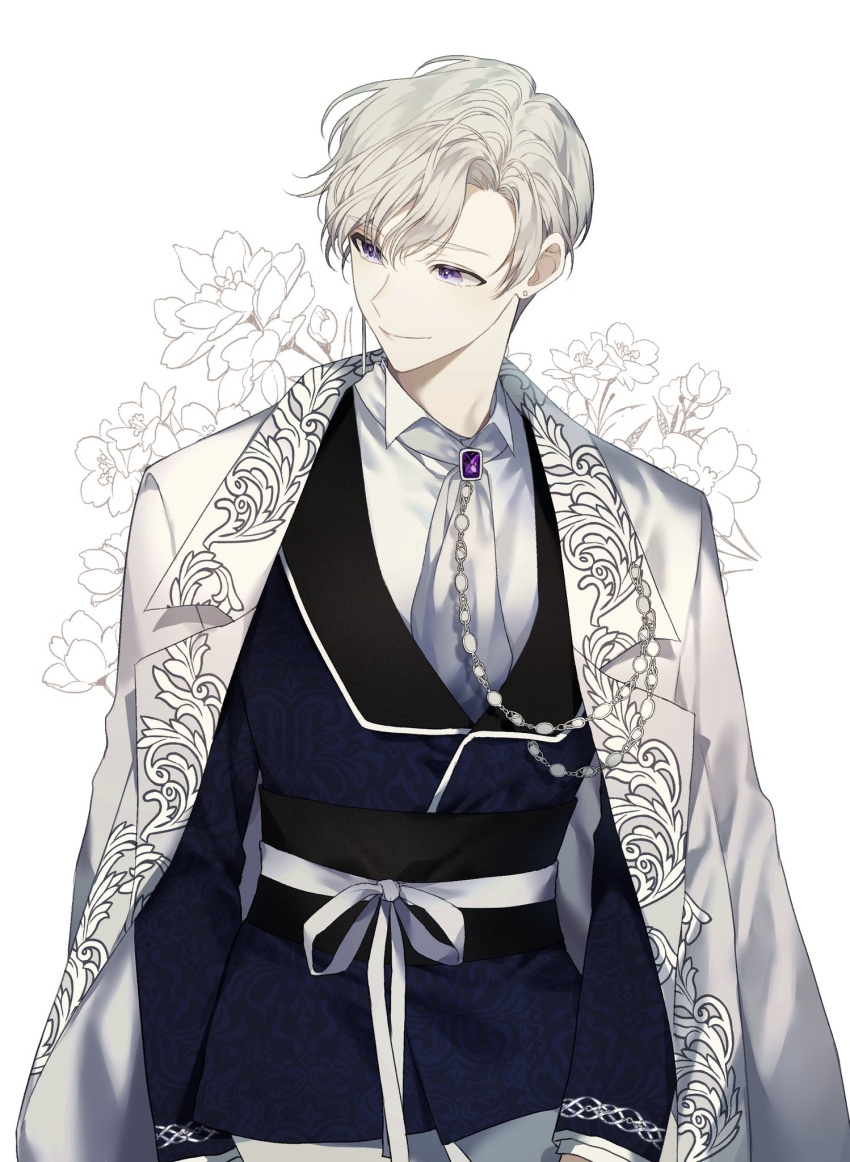 1boy, ascot, black_sash, blue_jacket, brooch, coat, coat_on_shoulders, cowboy_shot
