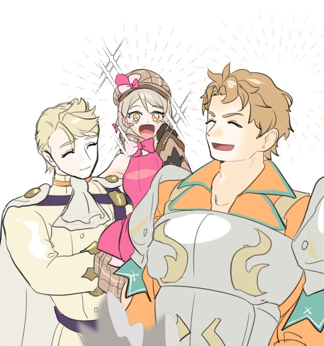 1girl, 2boys, blonde_hair, boucheron_(fire_emblem), brown_hair, brown_scarf, bunet_(fire_emblem), eyeliner