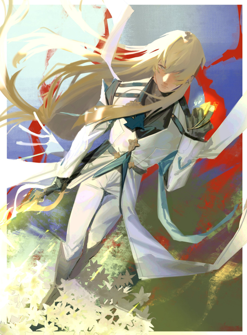 1boy, 855nori, aqua_vest, black_footwear, black_gloves, black_shirt, blonde_hair, boots, border, closed_mouth, coat, dutch_angle, floating_clothes, flower, full_body, gloves, grass, green_eyes, hair_over_one_eye, highres, holding, holding_jewelry, holding_necklace, honkai:_star_rail, honkai_(series), jewelry, long_hair, long_sleeves, looking_at_viewer, luocha_(honkai:_star_rail), male_focus, necklace, outside_border, pants, pendant, pendant_removed, serious, shirt, solo, standing, turtleneck, vest, white_border, white_coat, white_flower, white_pants