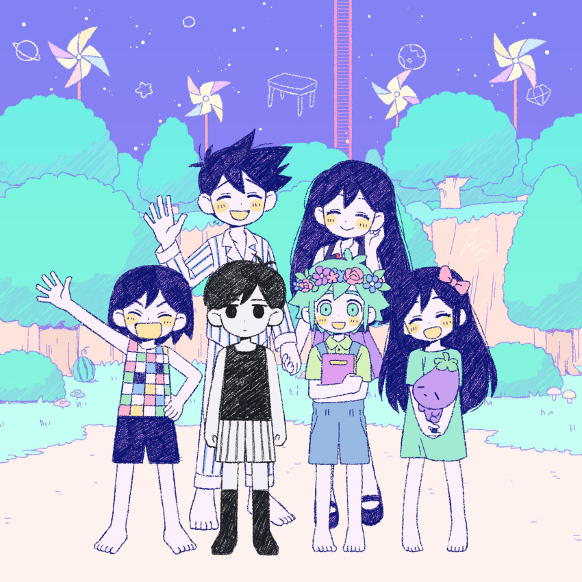 2girls, 6+boys, aubrey_(headspace)_(omori), aubrey_(omori), barefoot, basil_(headspace)_(omori), basil_(omori), black_hair