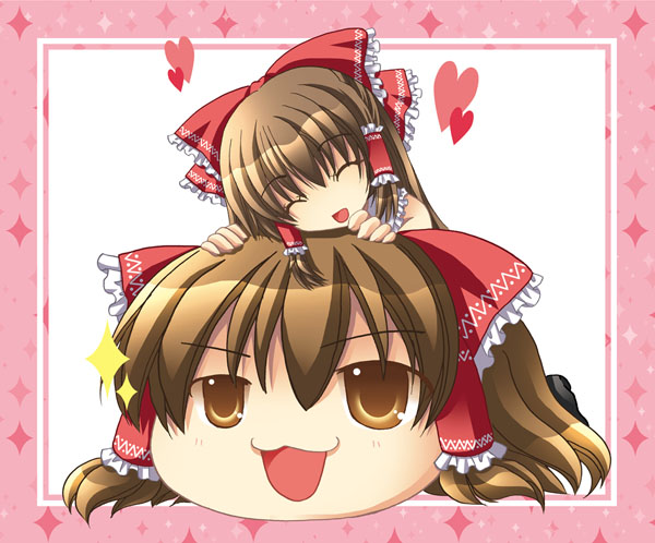 2girls, :3, border, bow, brown_eyes, brown_hair, closed_eyes, commentary_request, frilled_bow, frilled_hair_tubes, frills, hair_bow, hair_tubes, hakurei_reimu, heart, long_hair, medium_bangs, morinaga_hinase, multiple_girls, open_mouth, pink_border, red_bow, sidelocks, smile, sparkle, touhou, upper_body, white_background, yukkuri_shiteitte_ne