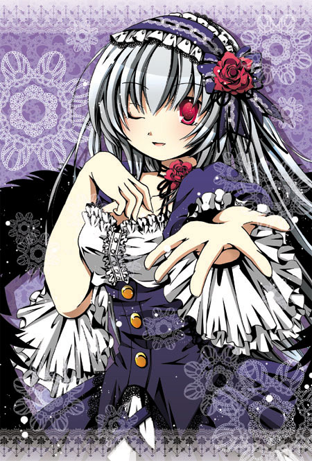 1girl, black_ribbon, black_wings, blush, breasts, buttons, center_frills, comiket_80