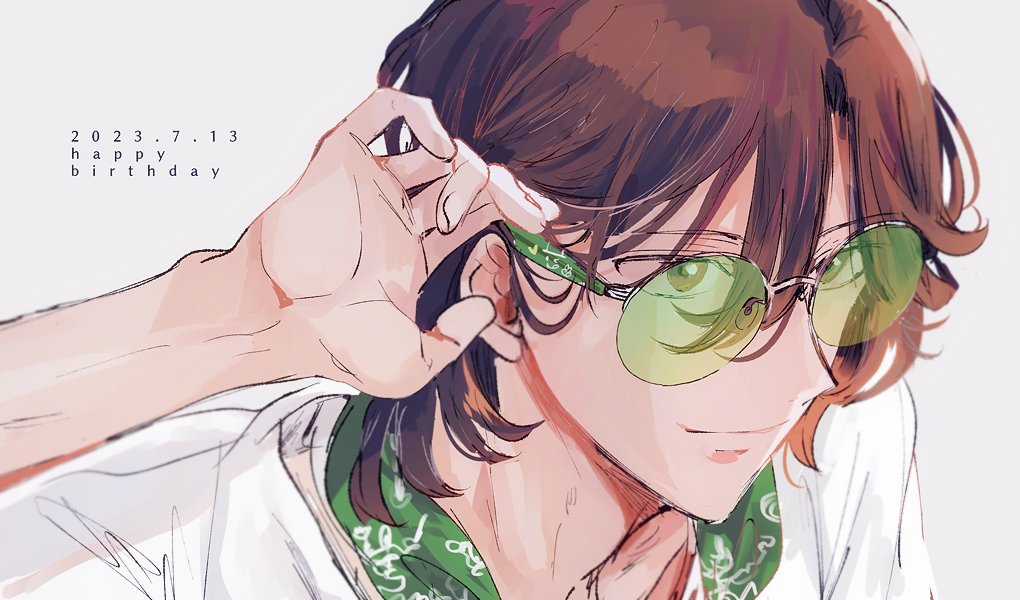 1boy, brown_eyes, brown_hair, closed_mouth, commentary, dated, green-tinted_eyewear, green_shirt