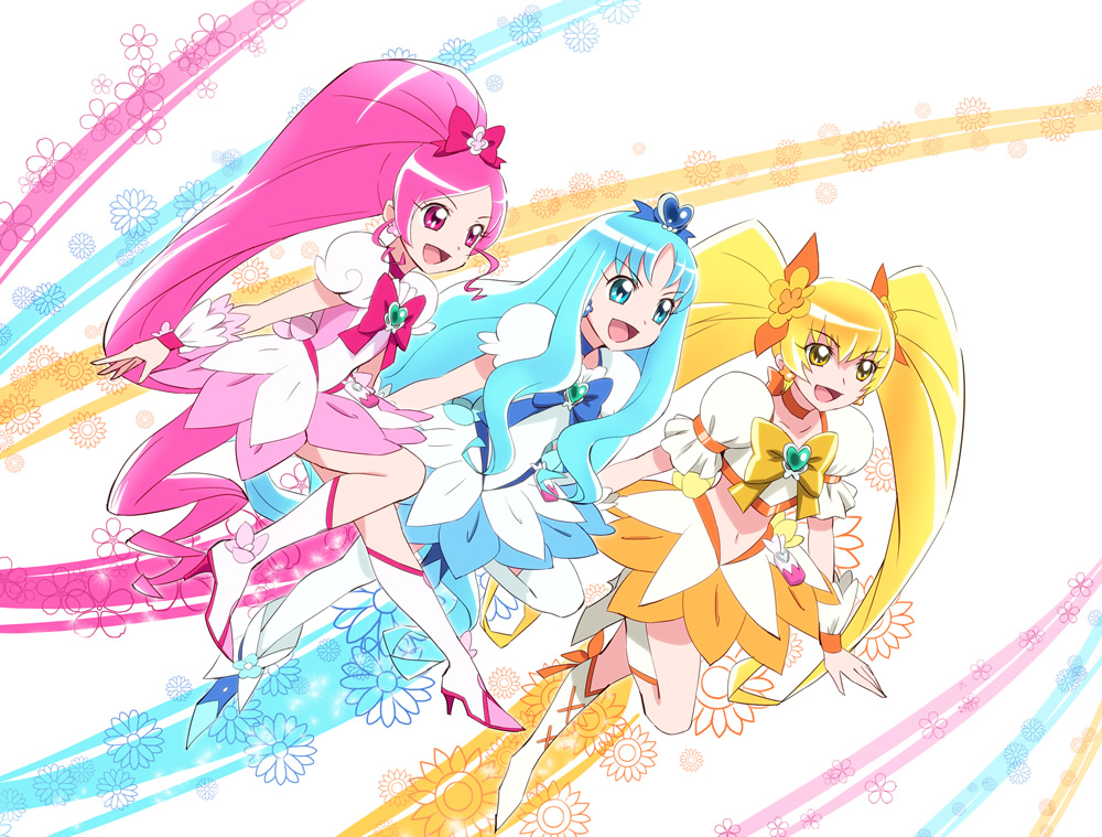 blonde_hair, blue_dress, blue_eyes, blue_hair, boots, cure_blossom, cure_marine, cure_sunshine, dress, floral_background, futari_wa_precure, hair_ribbon, hanasaki_tsubomi, heart, heartcatch_precure!, kagero_(plusup), kurumi_erika, long_hair, magical_girl, magical_girls, multiple_girls, myoudouin_itsuki, open_mouth, orange_dress, pink_dress, pink_eyes, pink_hair, ponytail, precure, ribbon, skirt, thighhighs, twintails, wrist_cuffs, yellow_eyes