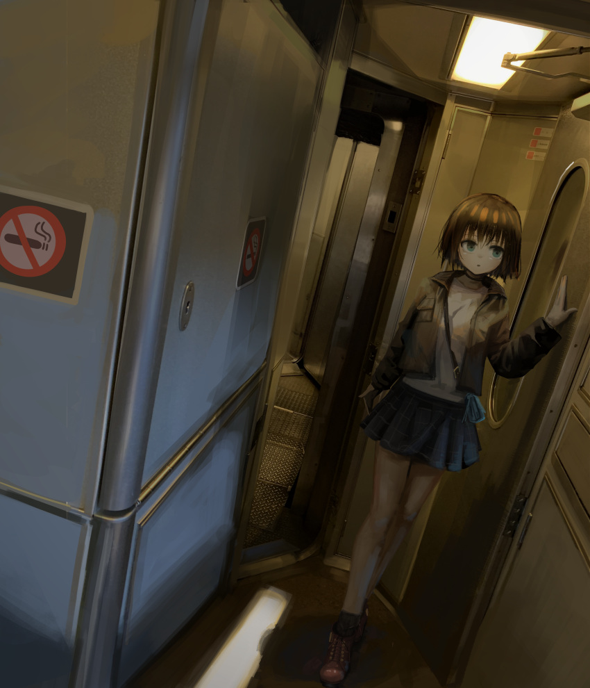 1girl, absurdres, bag, blue_eyes, brown_hair, eliot_(eokaitekaite969), hallway, highres, jacket, liminal_space, miniskirt, no_smoking, open_clothes, open_jacket, original, refrigerator, short_hair, skirt, solo, surreal