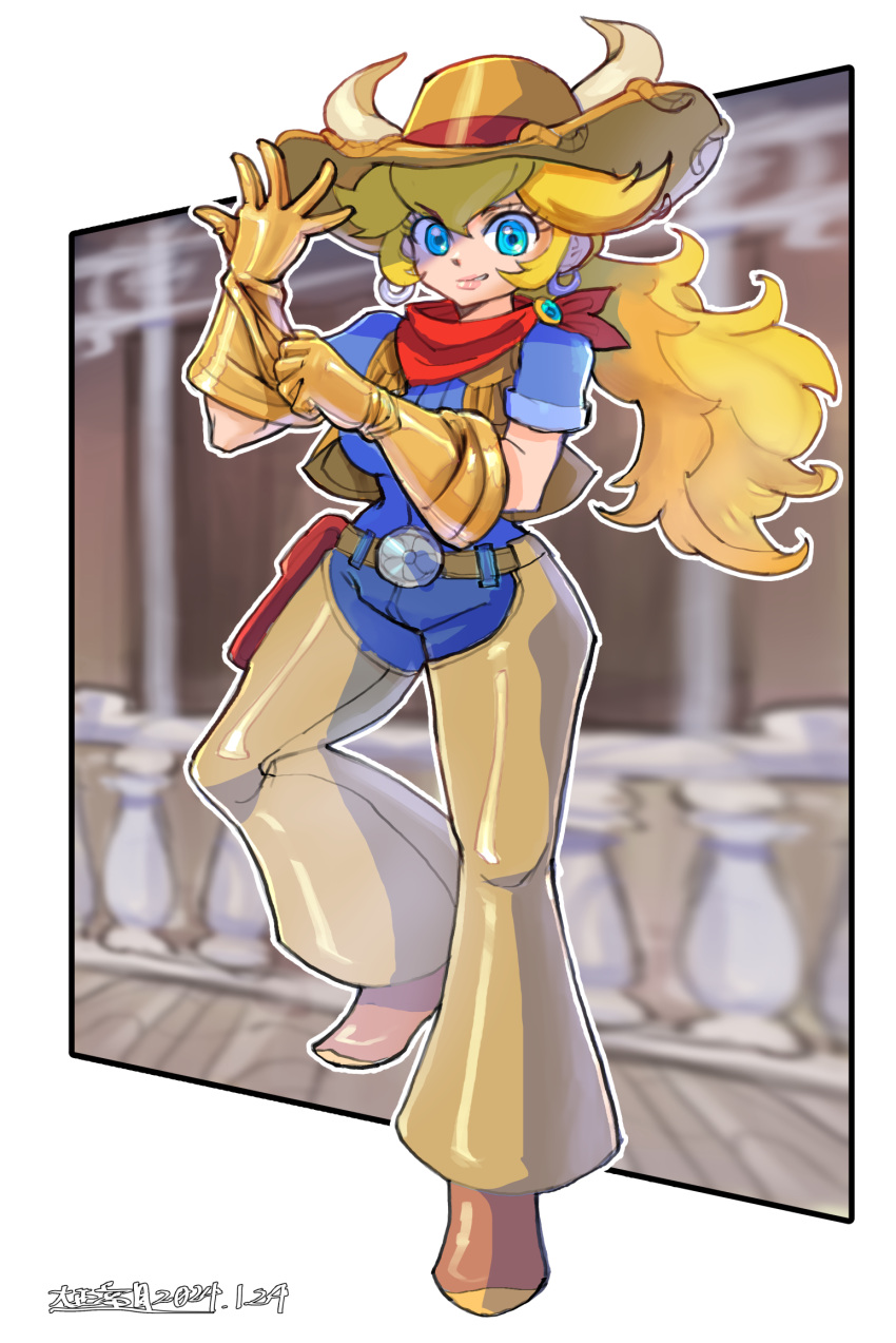 1girl, belt, belt_buckle, blonde_hair, blue_eyes, blue_shirt, breasts, brown_belt