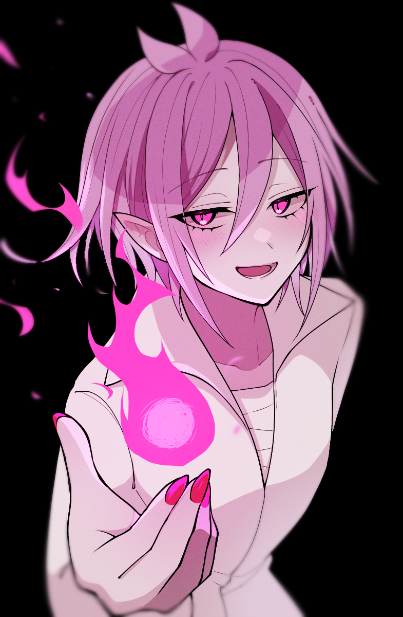 1boy, :d, antenna_hair, asmodeus_alice, black_background, blush, chest_sarashi, dhumi, double-parted_bangs, fingernails, fire, hair_between_eyes, half-closed_eyes, highres, jacket, long_sleeves, looking_at_viewer, mairimashita!_iruma-kun, male_focus, pink_eyes, pink_fire, pink_hair, pink_nails, pointy_ears, popped_collar, pyrokinesis, sarashi, sharp_fingernails, short_hair, sidelocks, simple_background, smile, solo, upper_body, white_jacket