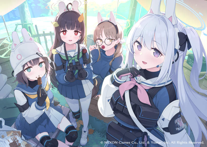 4girls, ahoge, animal_ears, binoculars, black_gloves, black_hair, blue_archive, blue_halo