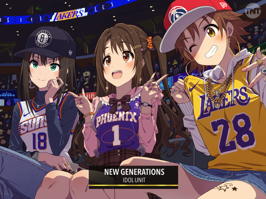 3girls, baseball_cap, blue_headwear, blue_shirt, brown_eyes, brown_hair, character_request, denim