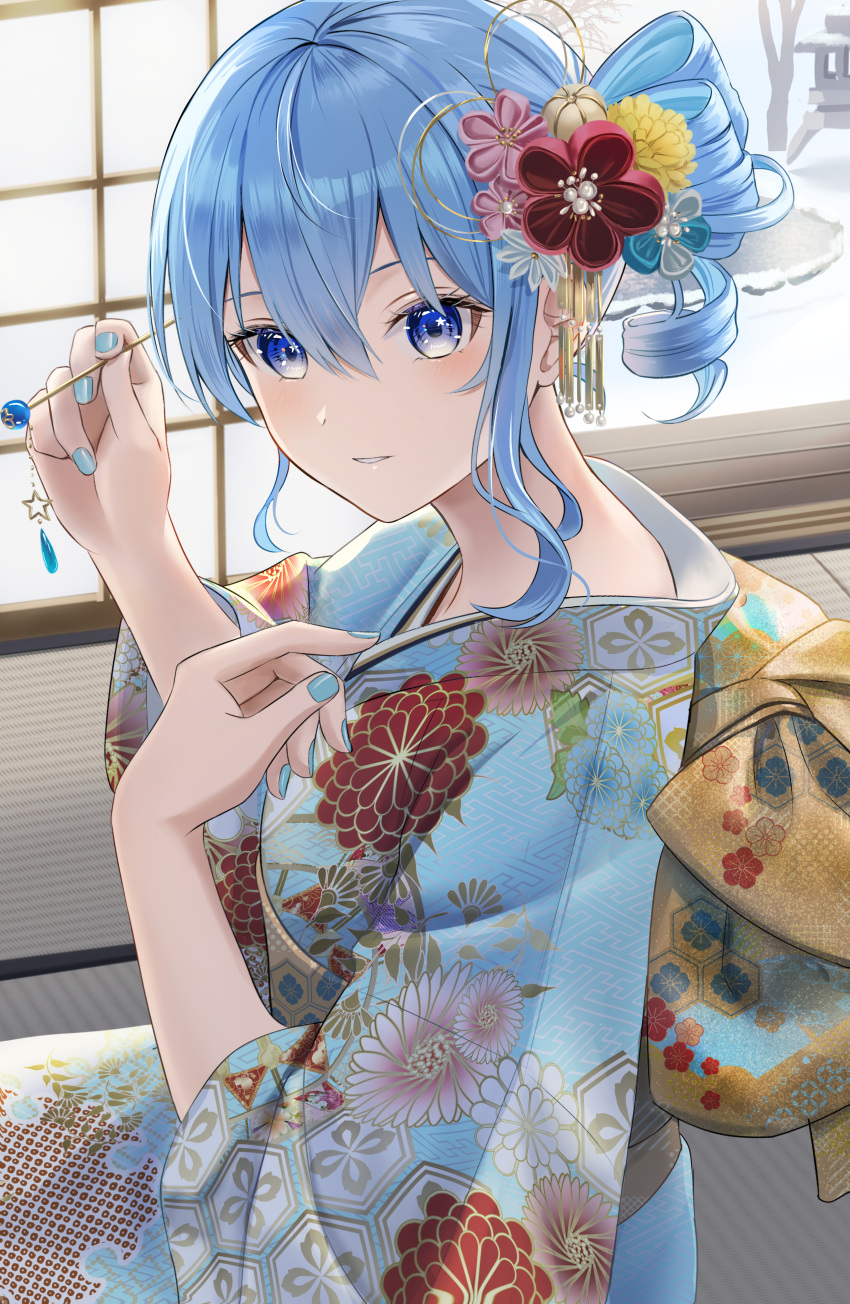 1girl, absurdres, blue_eyes, blue_hair, blue_kimono, blue_nails, floral_print, flower