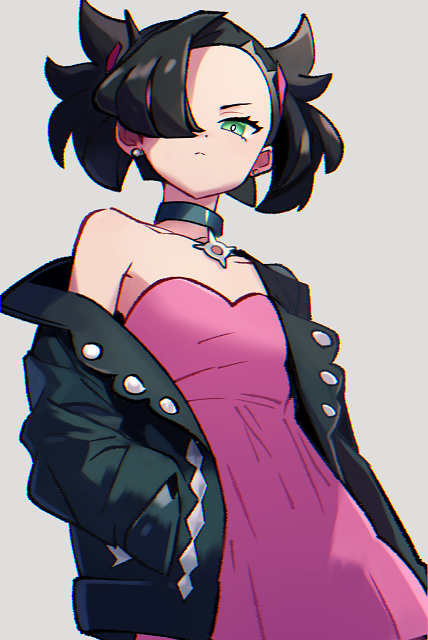 1girl, black_collar, black_hair, black_jacket, blue_eyes, clocker, collar, dress, earrings, hair_over_eyes, jacket, jewelry, leather_belt, marnie_(pokemon), pink_dress, pokemon, pokemon_swsh, rewin_(nobabys_perfect), simple_background, solo, twintails