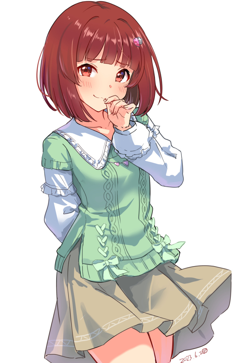 1girl, alternate_hairstyle, arm_behind_back, blush, breasts, brown_eyes, brown_hair, brown_skirt, closed_mouth, collarbone, cowboy_shot, damokan66, dated, dot_nose, floating_clothes, green_shirt, hand_up, highres, idolmaster, idolmaster_million_live!, idolmaster_million_live!_theater_days, layered_sleeves, long_sleeves, looking_at_viewer, medium_breasts, nonohara_akane, shirt, short_hair, side_slit, simple_background, skirt, smile, solo, standing, white_background