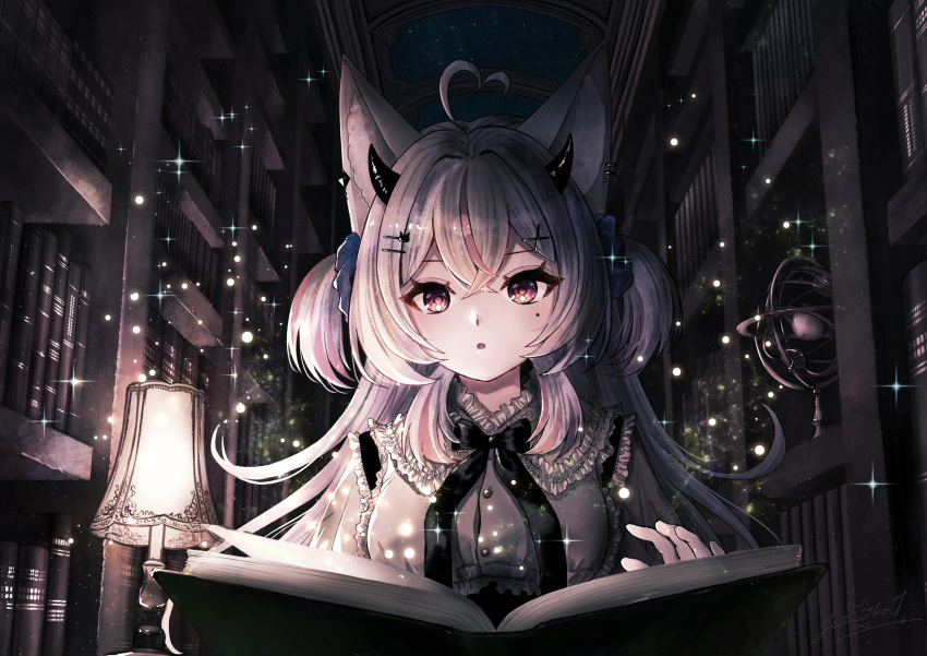 1girl, :o, ahoge, animal_ears, armillary_sphere, book, bookshelf, cat_ears