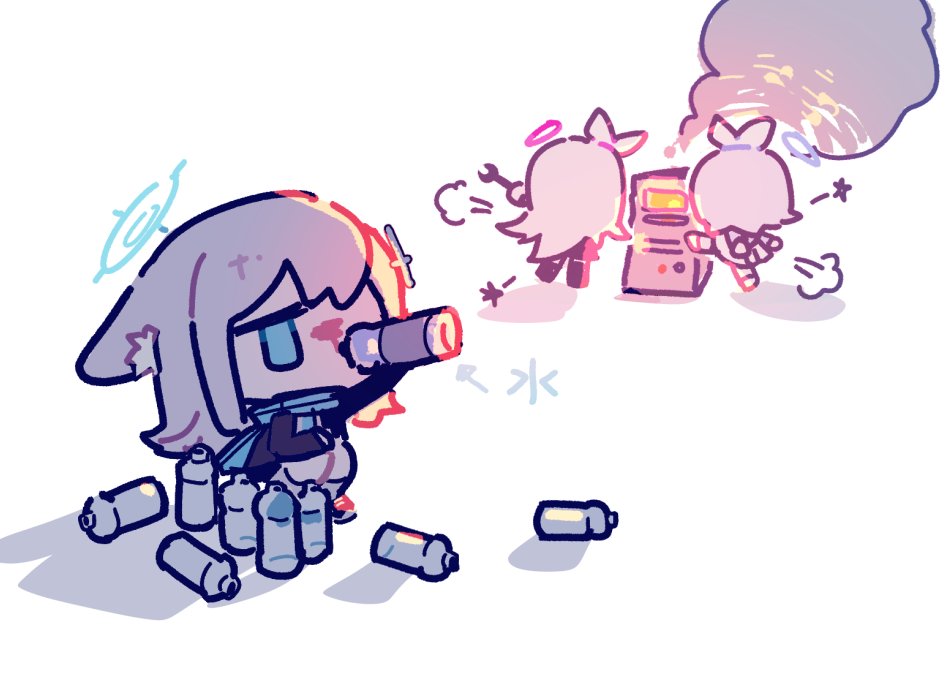 3girls, animal_ears, arona_(blue_archive), blue_archive, blue_scarf, bottle, chibi, commentary
