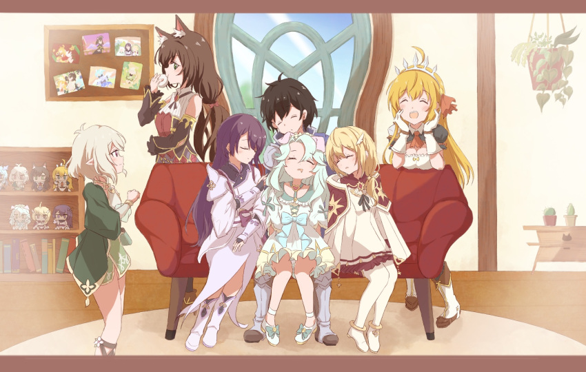 1boy, 6+girls, ahoge, animal_ears, black_hair, blonde_hair, cat_ears, character_doll