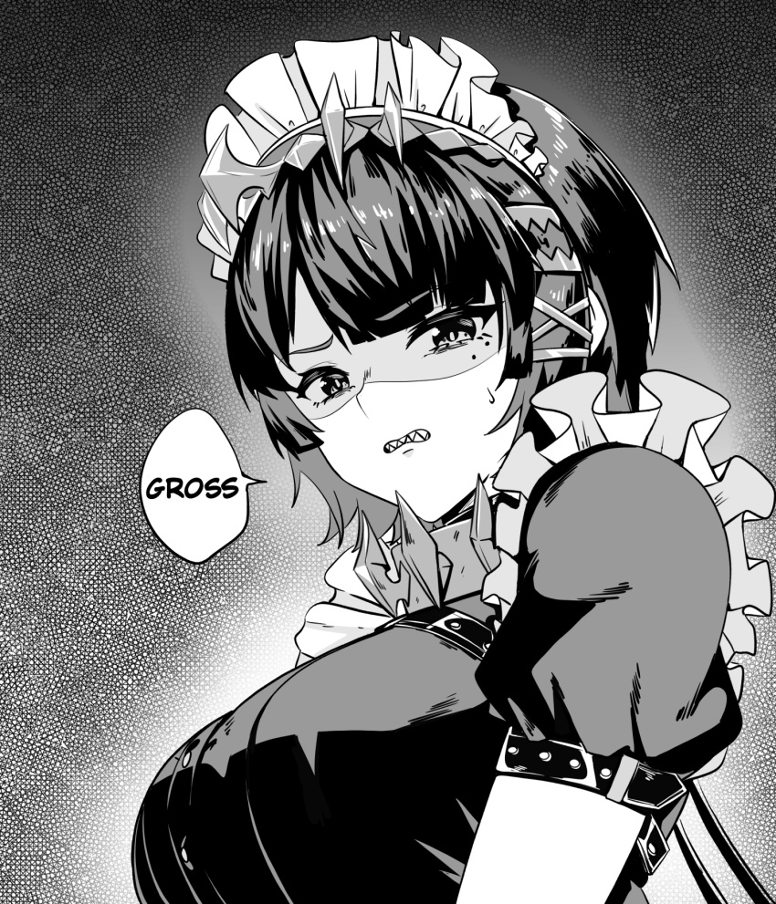 1girl, breasts, clenched_teeth, ellen_joe, english_text, greyscale, hair_ornament, highres, large_breasts, lion_space, looking_at_viewer, maid_headdress, mole, mole_under_eye, monochrome, sharp_teeth, short_hair, short_sleeves, solo, speech_bubble, teeth, upper_body, x_hair_ornament, zenless_zone_zero
