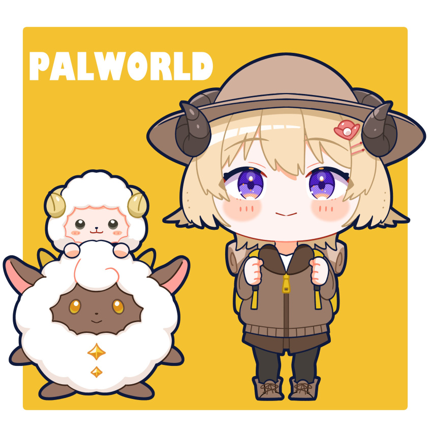 1girl, absurdres, blonde_hair, blush_stickers, border, brown_footwear, brown_headwear, brown_jacket