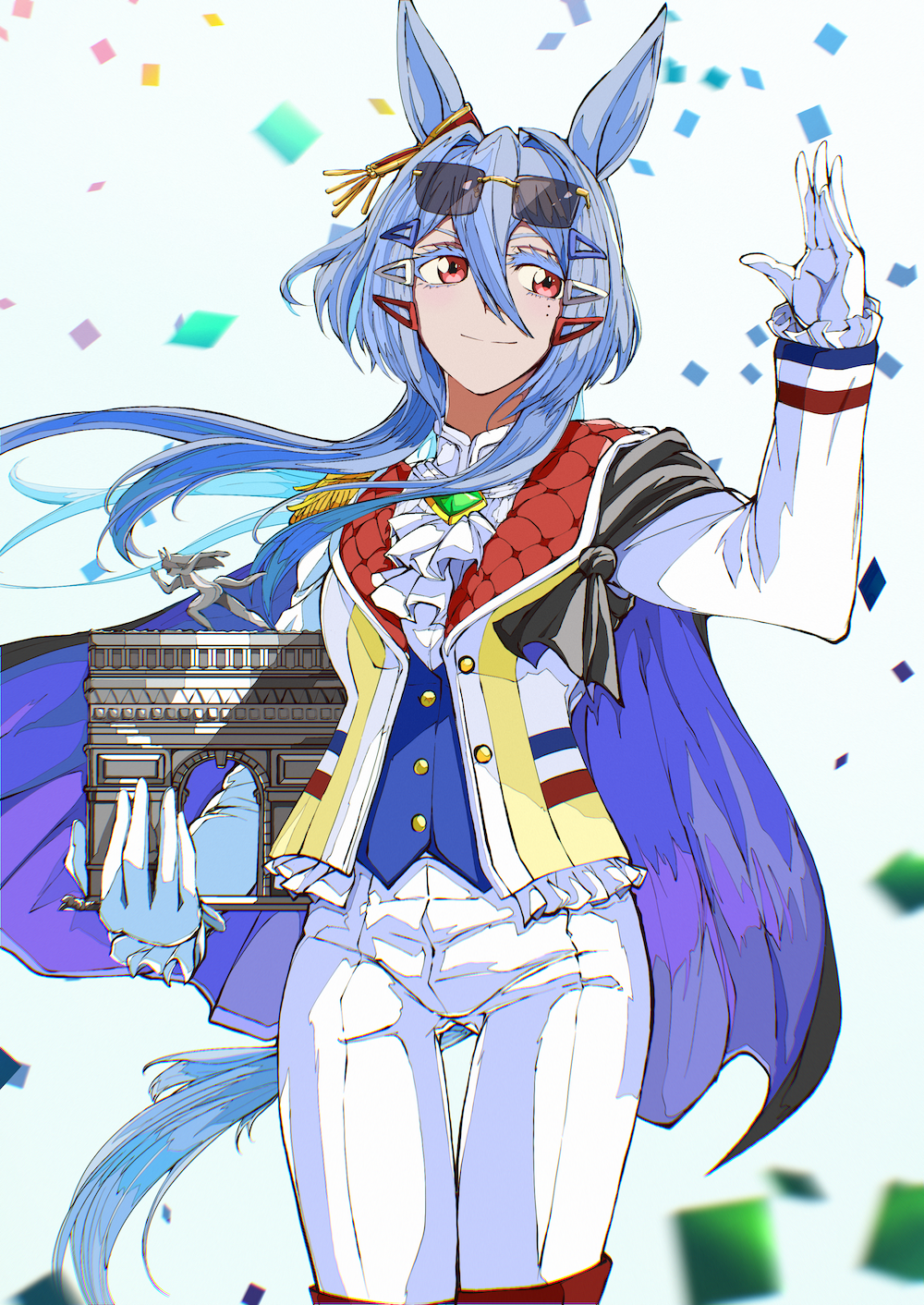 1girl, animal_ears, blue_hair, cape, character_request, commentary_request, hand_up, highres