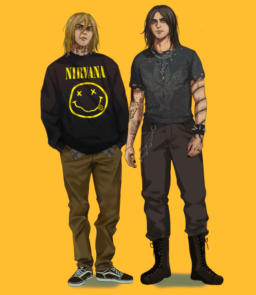 2boys, angel_print, arm_tattoo, baggy_clothes, black_hair, black_nails, black_shirt, blonde_hair