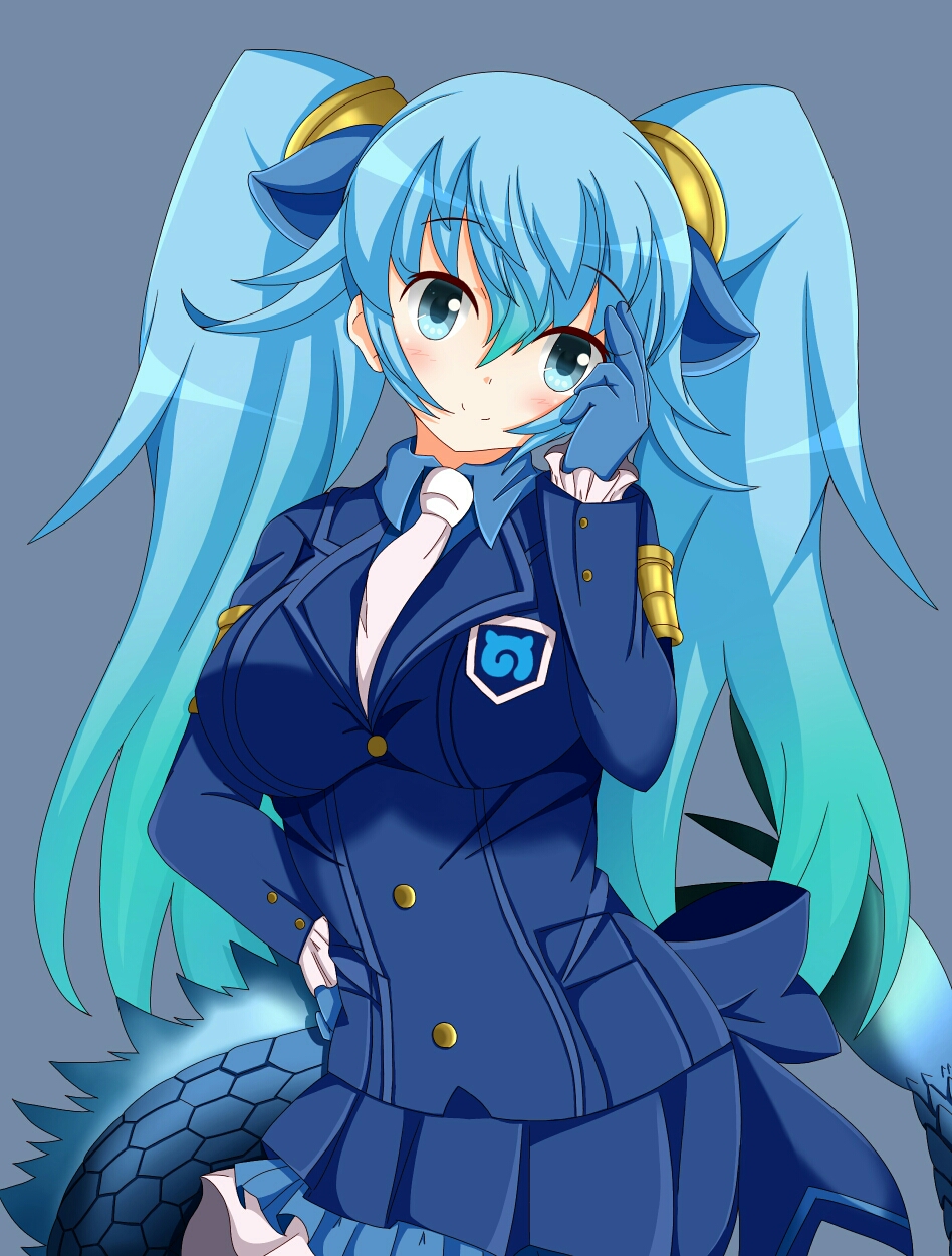 1girl, animal_ears, aqua_eyes, blue_gloves, blue_hair, blue_skirt, blue_suit, breasts