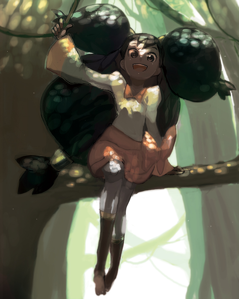 black_hair, bow, branch, brown_eyes, dark_skin, forest, iris_(pokemon), kane, looking_down, nature, open_mouth, pokemon, pokemon_(anime), pokemon_(game), pokemon_black_and_white, ponytail, shade, sitting, skirt, smile, solo, twintails, two_side_up