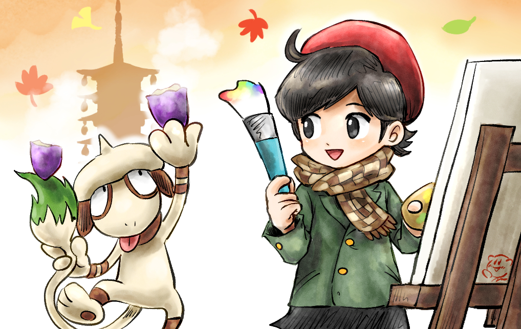 1girl, ado_(kirby), black_eyes, black_hair, brown_scarf, canvas_(object), ginkgo_leaf, kicdon