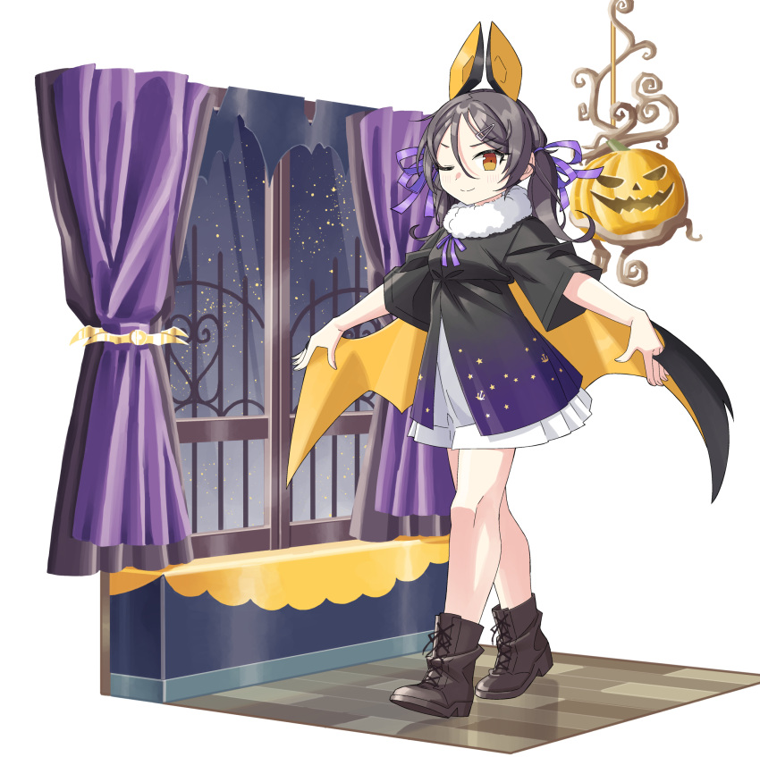 1girl, animal_ears, bat_ears, bat_wings, black_hair, boots, brown_eyes, brown_footwear