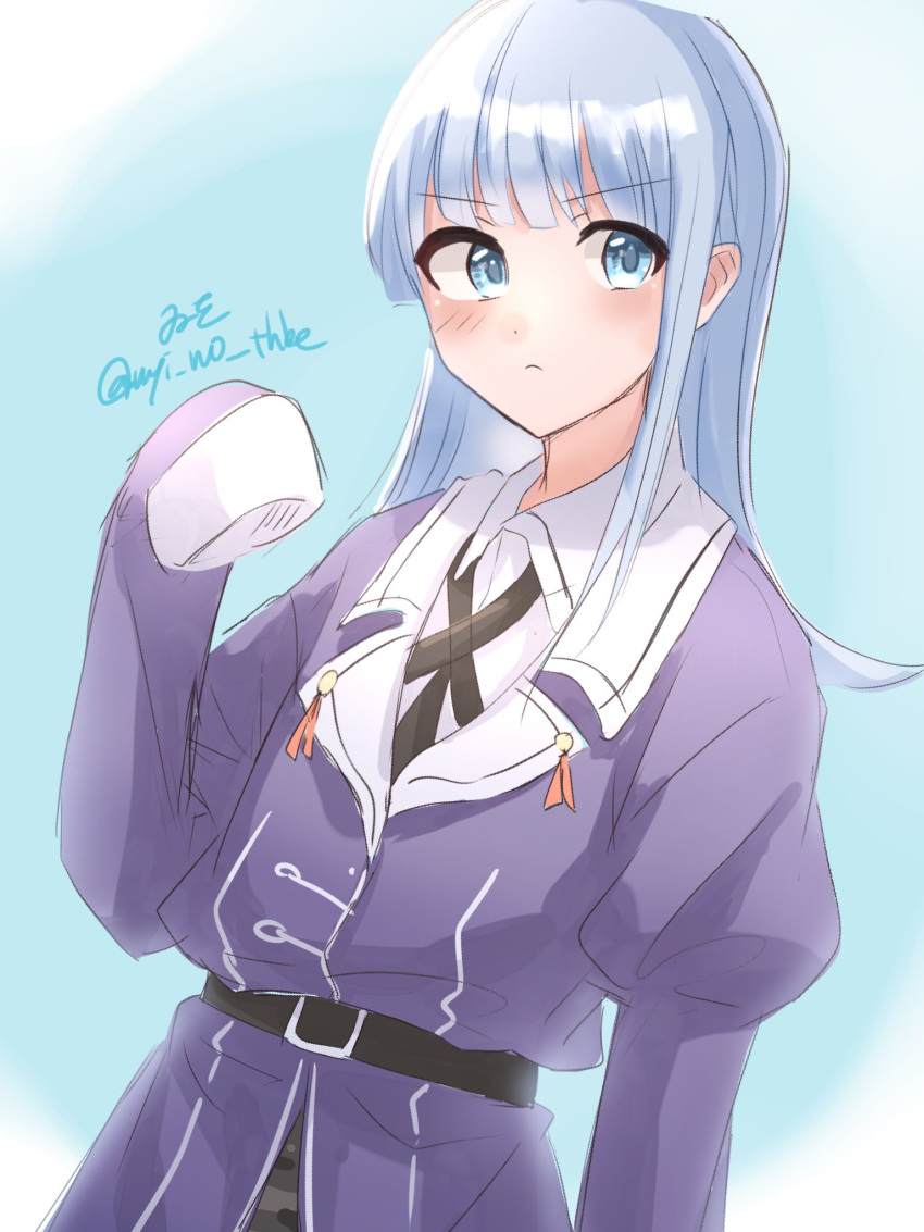 1girl, artist_name, blue_eyes, blue_hair, collared_shirt, cosplay, dress_shirt, hatsukaze_(kancolle), highres, jacket, kantai_collection, long_hair, military_uniform, myoukou_(kancolle), myoukou_(kancolle)_(cosplay), myoukou_kai_ni_(kancolle), myoukou_kai_ni_(kancolle)_(cosplay), one-hour_drawing_challenge, purple_jacket, shirt, sleeves_past_fingers, sleeves_past_wrists, solo, twitter_username, uniform, upper_body, white_shirt, wiwo