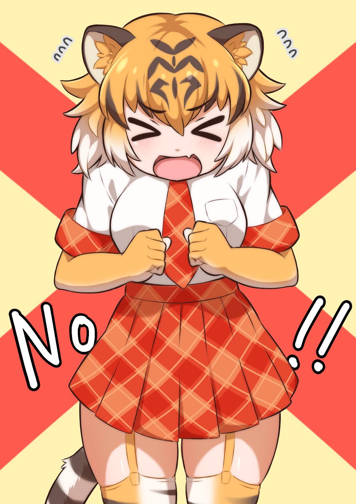 >_<, 1girl, animal_ears, animal_print, black_hair, blush, clenched_hands, cowboy_shot