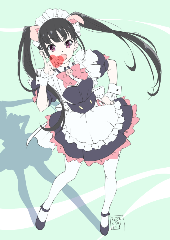 1girl, akiba_maid_sensou, animal_ears, apron, black_hair, bow, commentary_request, fake_animal_ears, full_body, heart, long_hair, looking_at_viewer, maid, maid_apron, maid_headdress, morishima_noriko_(noriko_mrsm), open_mouth, pig_ears, pink_bow, pink_eyes, smile, solo, twintails, white_apron, wrist_cuffs, yumechi_(akiba_maid_sensou)