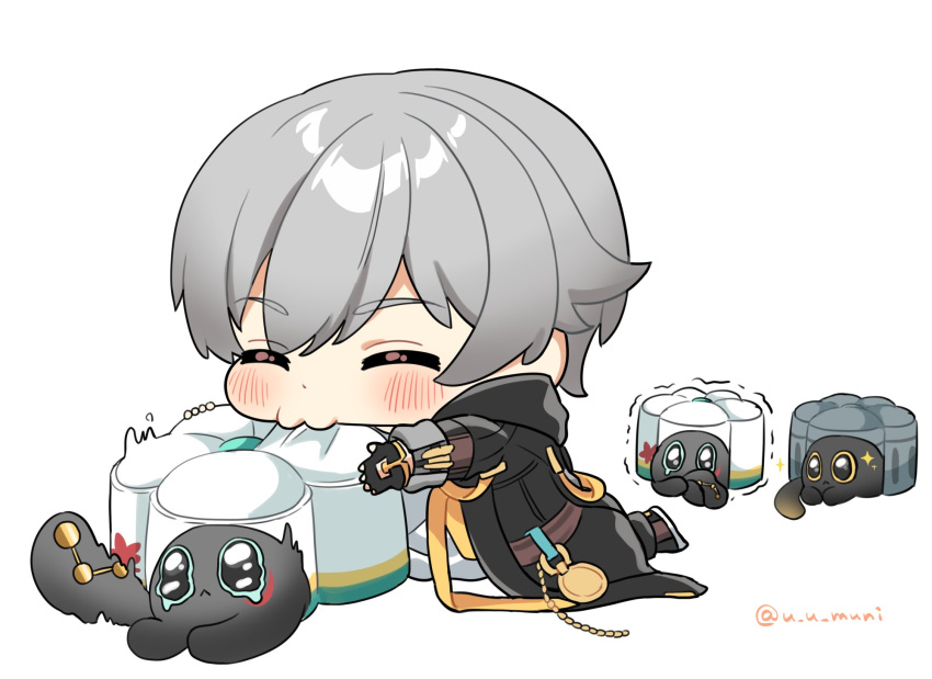 black_cat, black_footwear, black_gloves, black_jacket, blush, caelus_(honkai:_star_rail), cake, cat