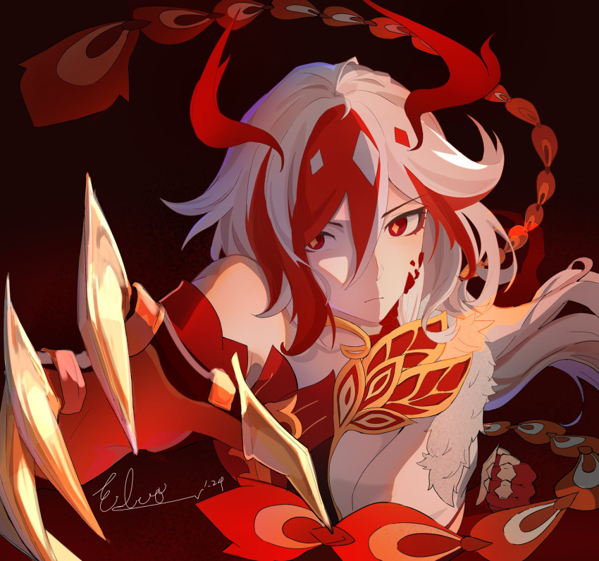 1girl, bare_shoulders, chinese_clothes, claws, clenched_hand, closed_mouth, detached_sleeves, elbow_gloves