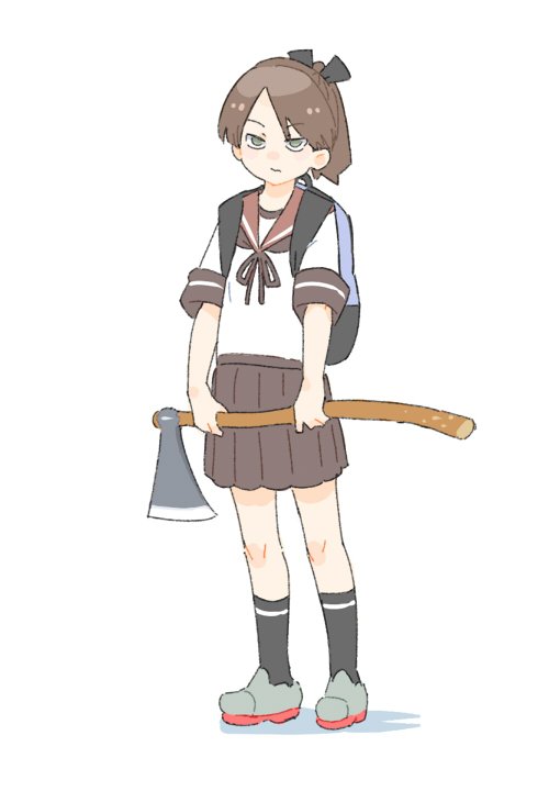 1girl, axe, backpack, bag, black_socks, brown_eyes, brown_hair, brown_neckerchief