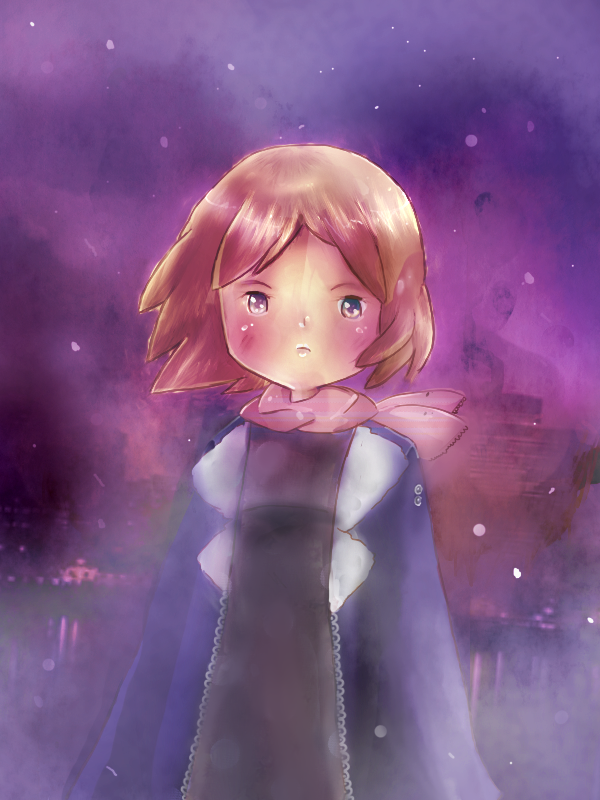 1girl, artist_collaboration, brown_hair, carff, first_squad, kyuumaertje, nadya, pink_scarf